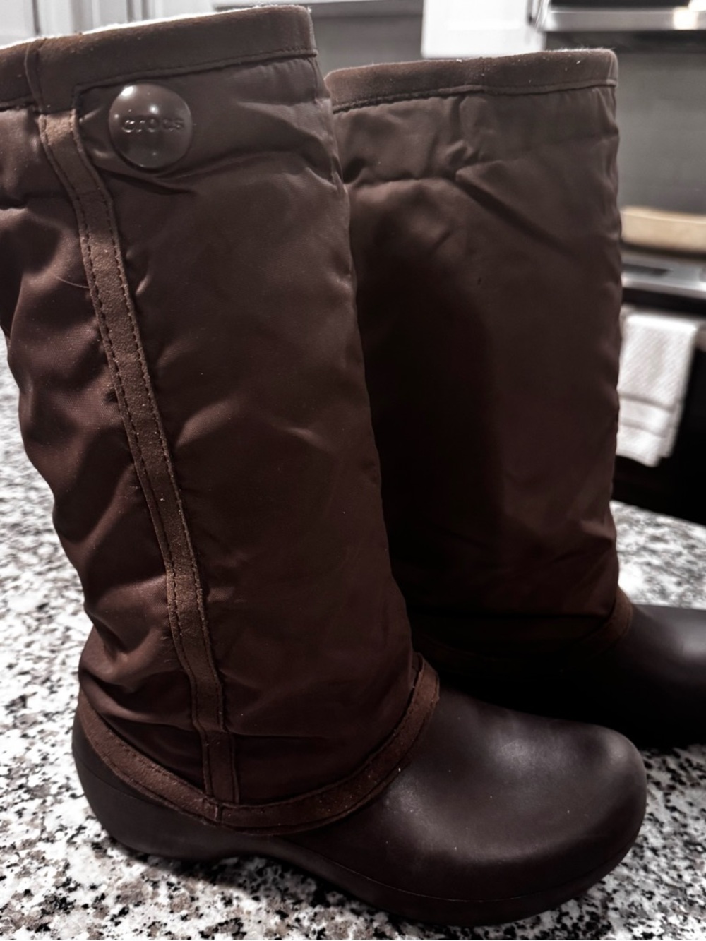 CROCS Claire Mid-Calf Brown Insulated Winter Boots with Light Blue - Women’s 6